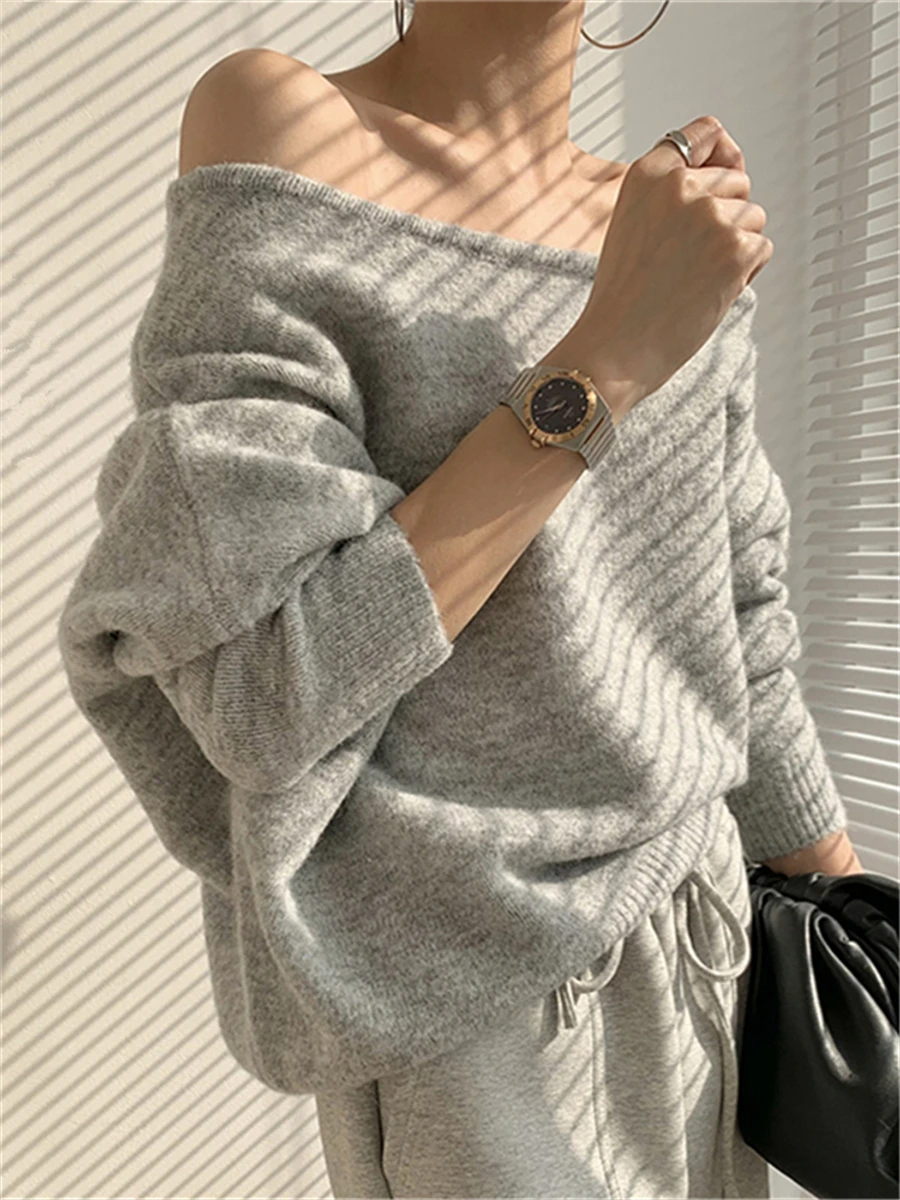 

Tops New 2022 Vintage Korean Fashion Slash Neck Sexy Elegant Oversized Irregular Knitted Women Autumn Winter Sweaters