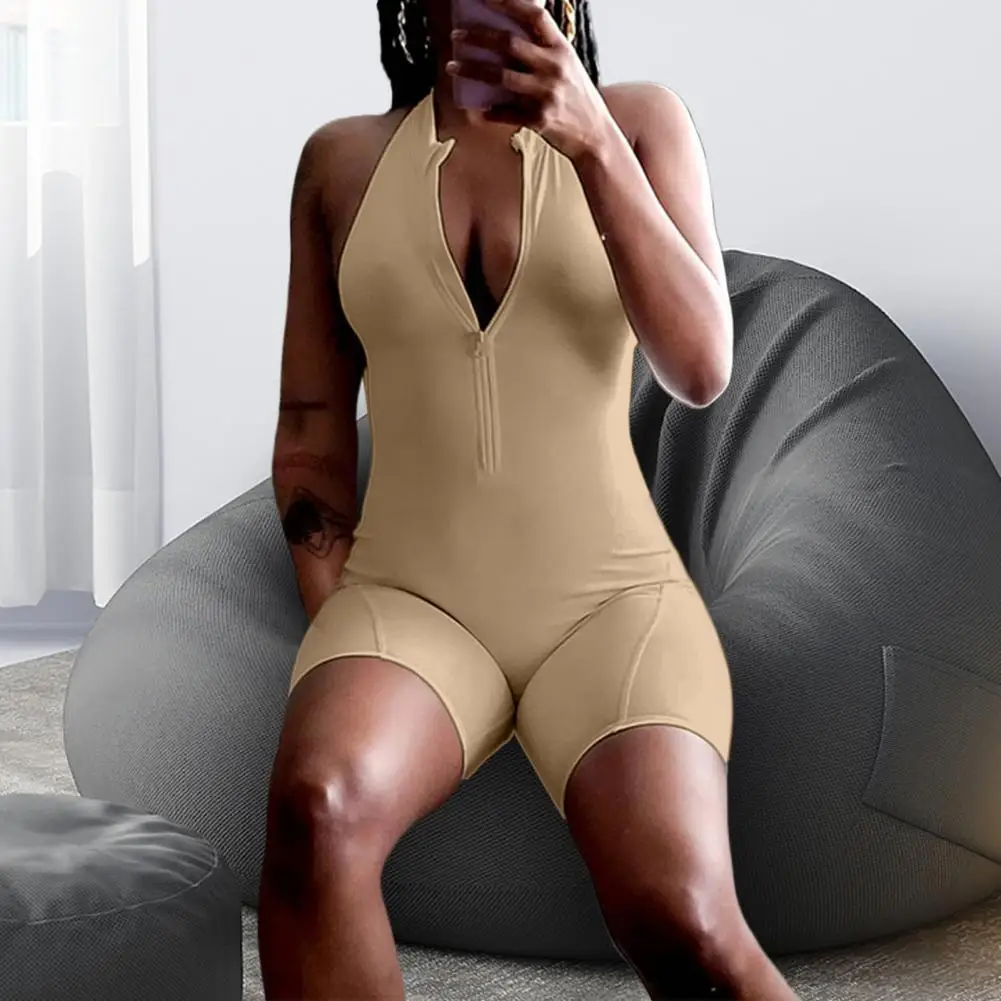 

Sleeveless Women Romper Skinny Zipper Closure Halter Backless One-piece Soft High Elasticity Sports Jumpsuit conjunto femenino