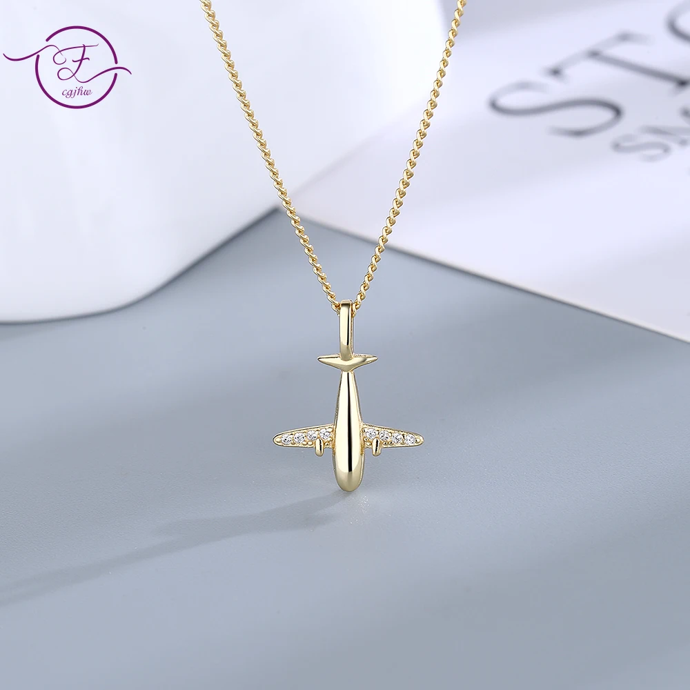925 Sterling Silver Aircraft Pendant Necklace Fashion Zircon Airplane Gold Chain for Women Wedding Anniversary Fine Jewelry Gift