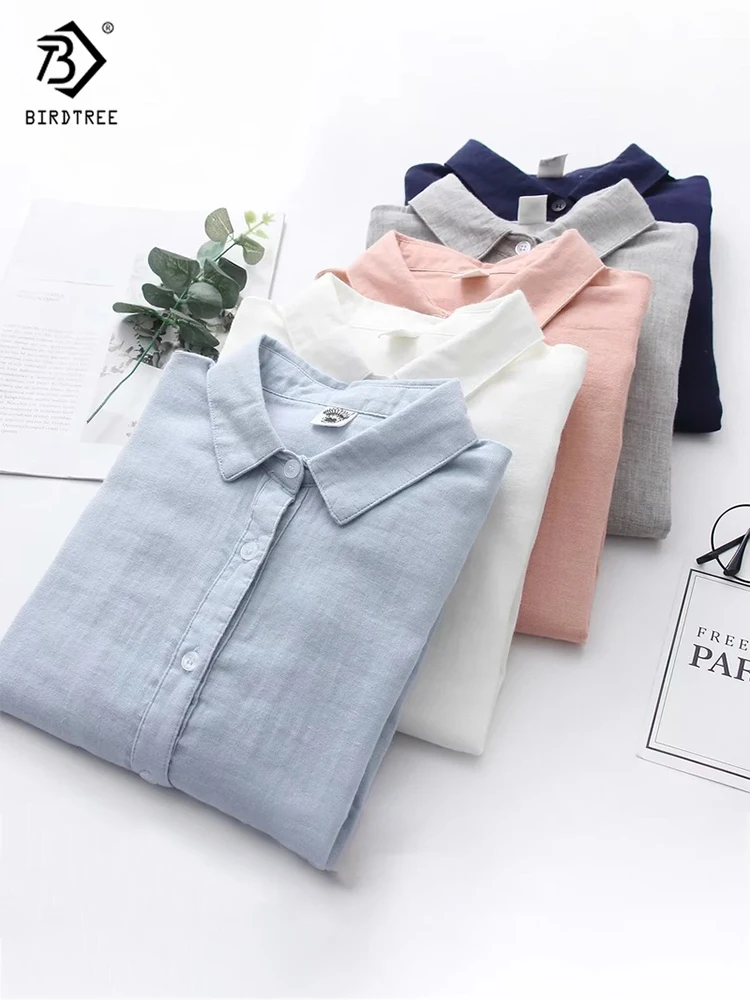 

Autumn Women Solid Linen Cotton White Shirt Loose Full Sleeve Turn-Down Collar Long Blouse Casual Office Wear Basic Tops