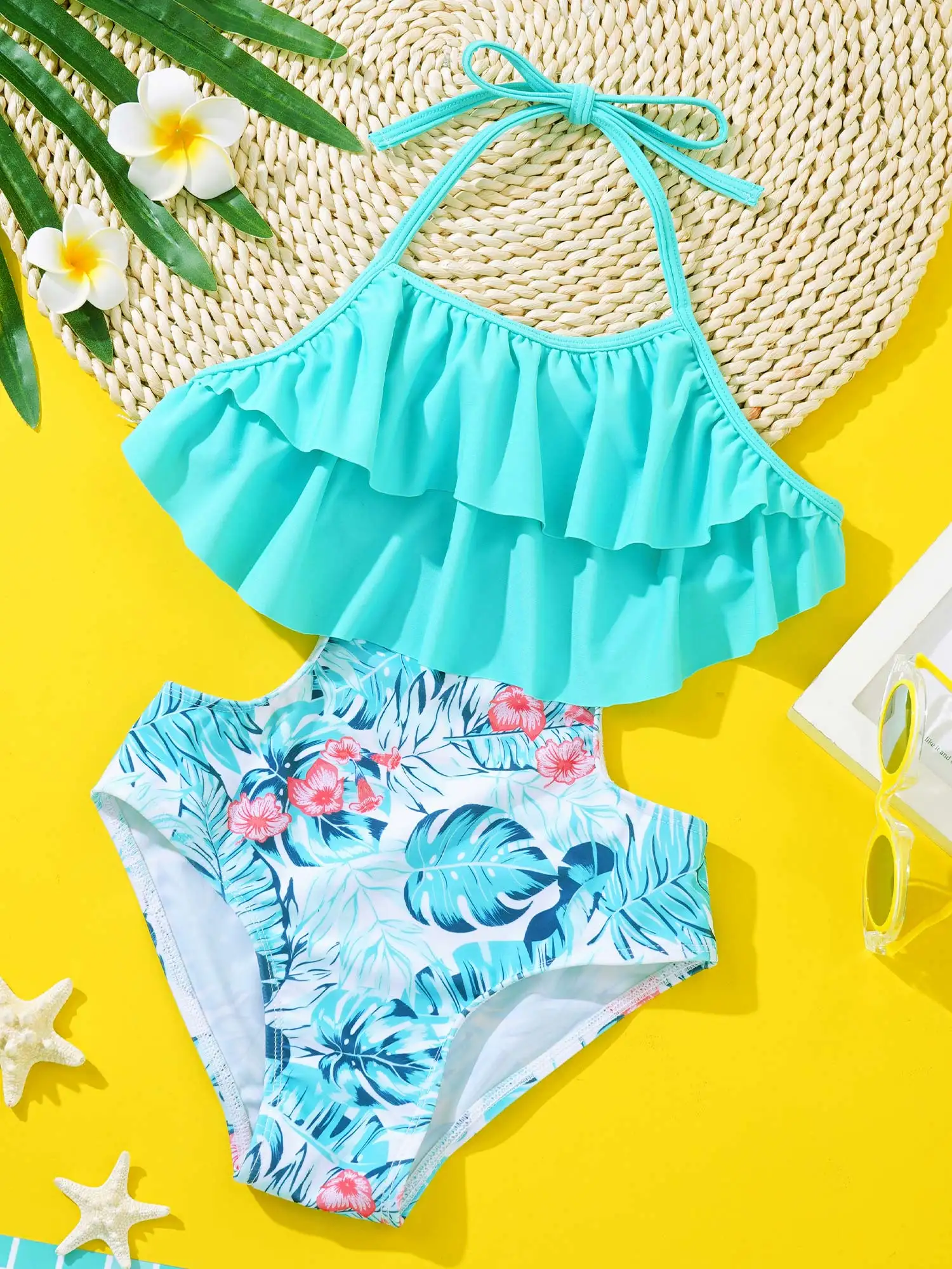 

Детский слитный купальник с цветочным принтом для девочек, купальный комбинезон с открытой спиной и вырезами, купальный костюм с воланами, ...