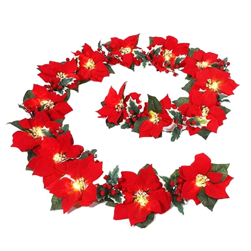 

LED Artificial Poinsettia Garland,String Light Christmas Garland Christmas Tree Decoration For Christmas Party Wedding-ABUX