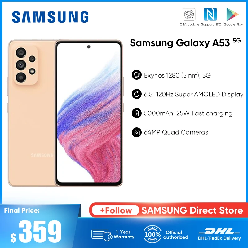 Original Samsung Galaxy A53 5G Phone 6.5'' Exynos 1280 120Hz Super AMOLED 5000mAh 64MP Smartphone 25W Fast Charge Mobile Phone