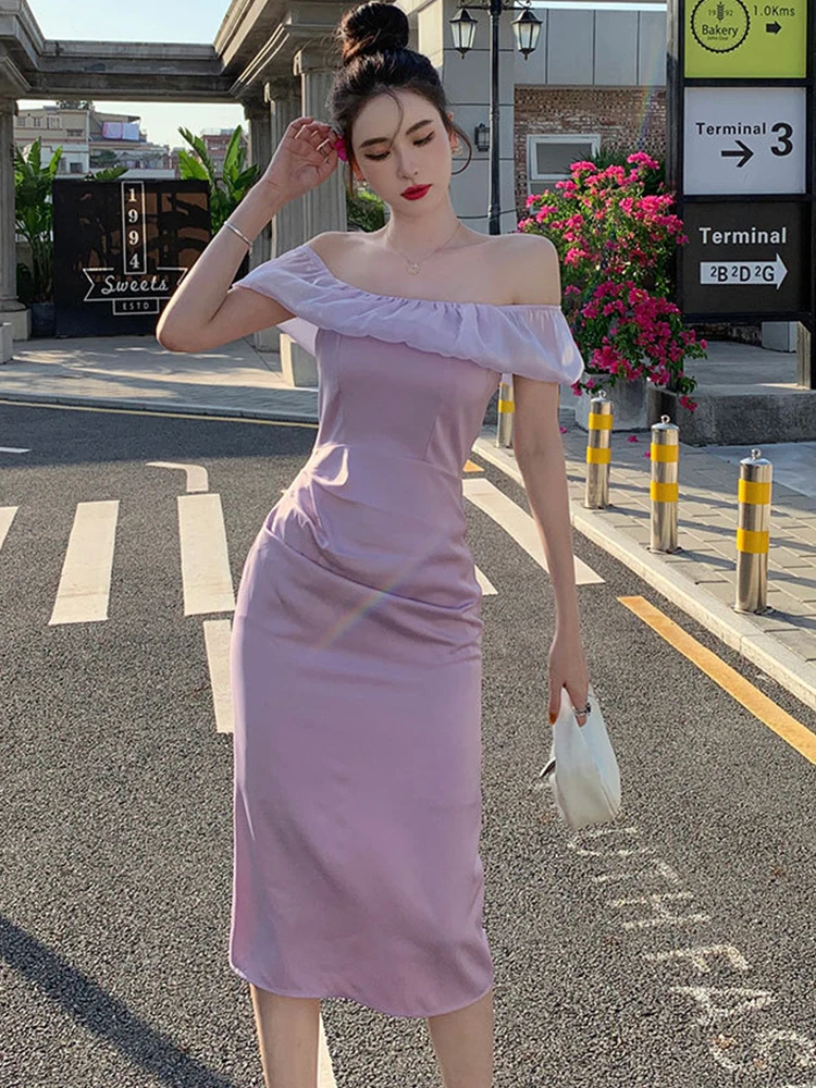 

Элегантное женское платье-карандаш, милое облегающее Клубное платье миди с оборками, открытыми плечами, вырезом лодочкой и разрезом, женско...