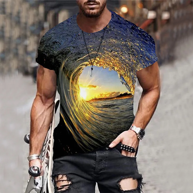 

Новинка 2021, индивидуальная разноцветная футболка galaxy wave, мужская повседневная футболка с 3D Цифровым принтом и коротким рукавом, круглым вырезом