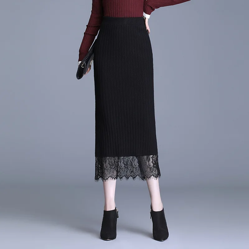 

Women High Waist Lace Splice Knitted Black Bodycon Skirt Retro Elegant Slim Casual One Step Long Pencil Skirt Autumn Winter 2088