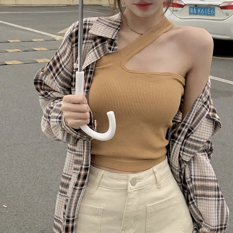 

Summer New Trend Sexy Irregular Solid Color Slim Off Shoulder Camis Femme Simplicity Fashionable Screw Thread Pullover Top Tee