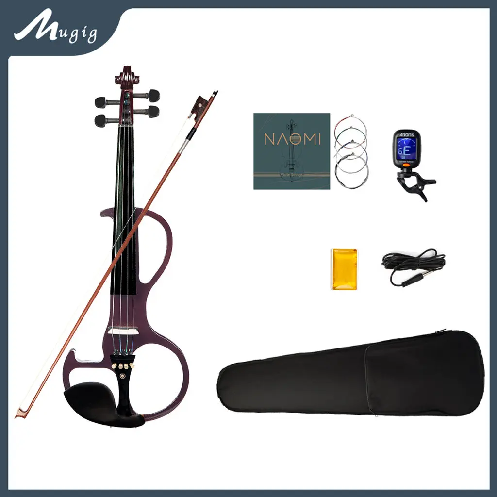 Mugig 4/4 Electric Violin Silent Electric Violin Ebony Fittings Wine Red Free Case+Rosin+Bow+Cable+Strings+Tuner For Beginner