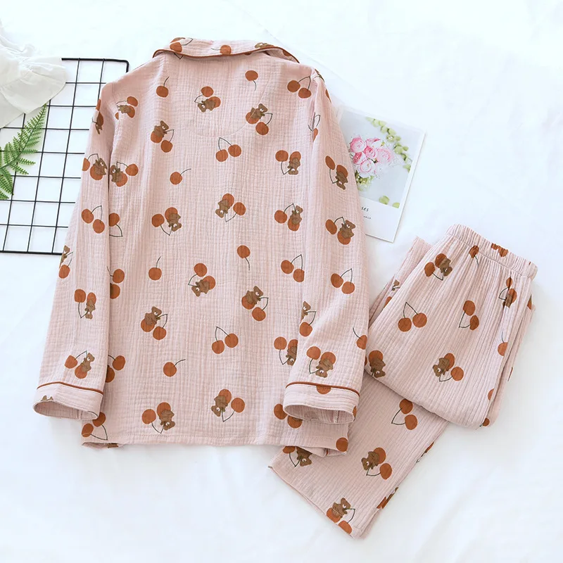 Cartoon Lapel Pajamas Lady Washed Crepe Spring Thin Double Gauze Home Clothes Cotton Suit Two Piece Set Summer  Clothing Women