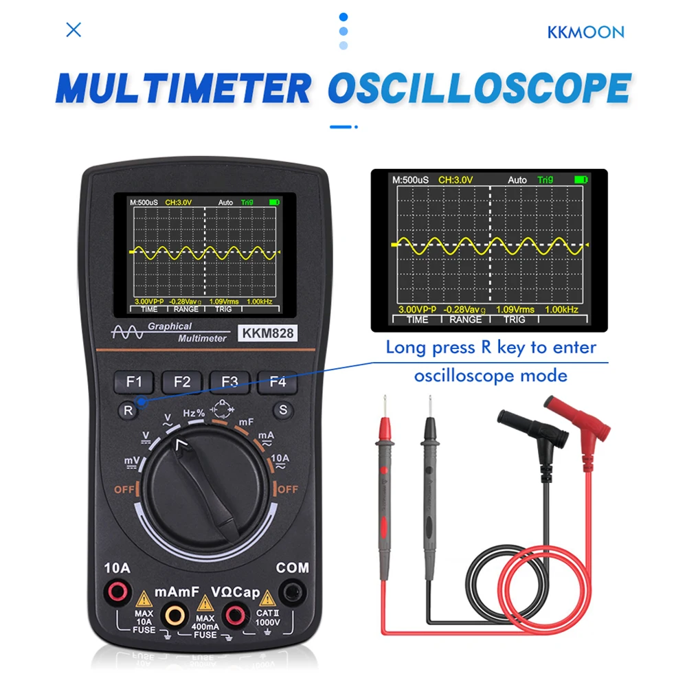 

Intelligent kkm828 HD Graphical Digital Oscilloscope Multimeter 2.4In Color Screen 1MHz Bandwidth 2.5Msps Sampling Rate