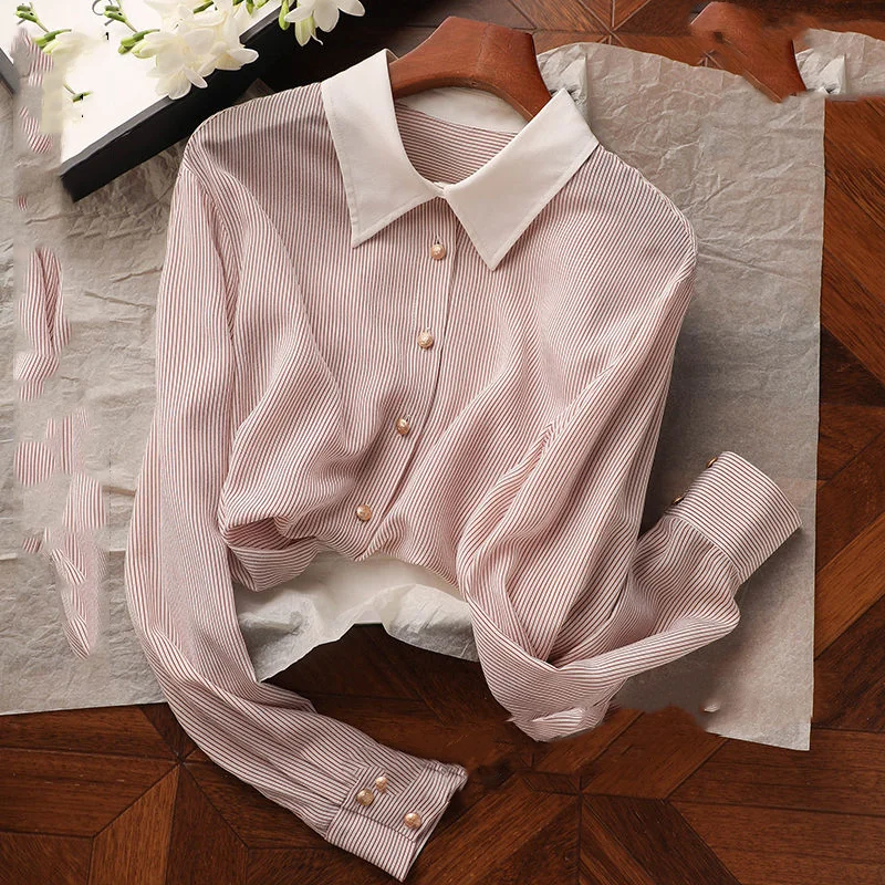 Женская блузка в полоску элегантная повседневная с длинным рукавом отложным