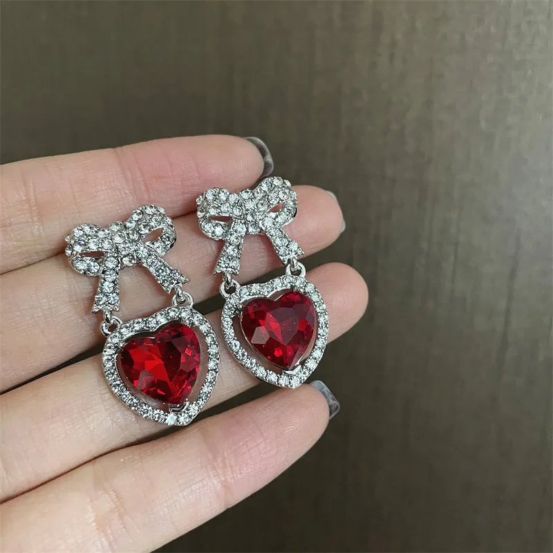 

Luxury Shining Zircon Red Crystal Heart Drop Earrings for Women Fashion Jewelry Charms Bowknot Earrings Wedding Party