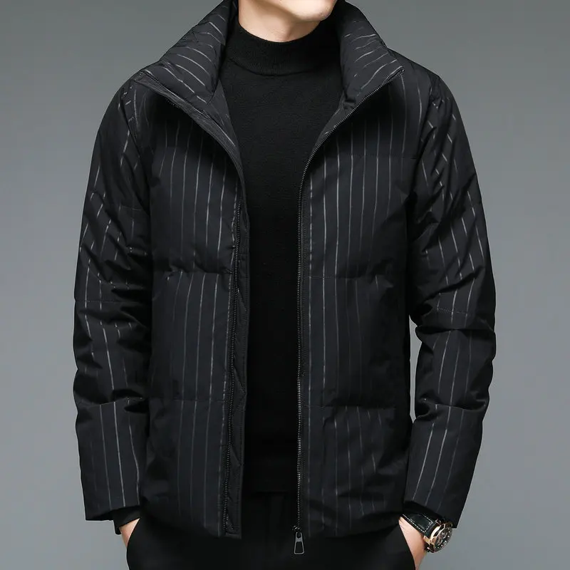 2022 Winter Men Smart Casual Puffer Jackets Black Striped Thick Warm Puff Basic Coats Male Thermal Quilted Outerwear Daily Wear