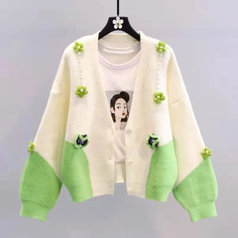 

Korean Style Knitwear Sweater Women's Coat Early Autumn Heavy IndustryFlowers Color-Block V Neck Cardigan Fashion