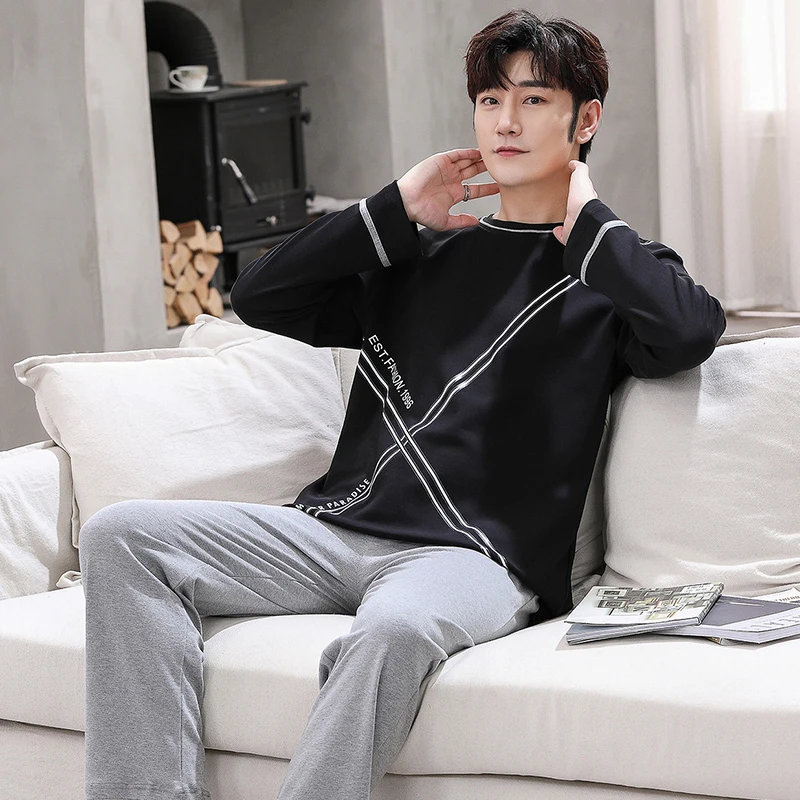 QUHENG Men Pajama Sets Cotton Pijama Round Neck Autumn Sleepwear Long Sleeve Nightwear Male 2 Pieces Sets Casual Homewear