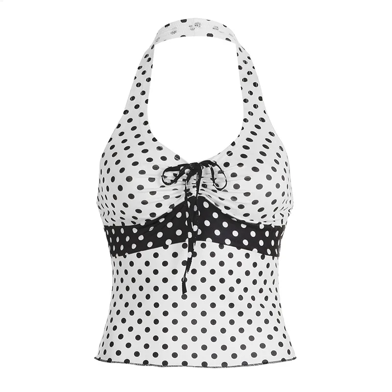 Sexy Spice Girl polka dot black and white contrasting halter vest V-neck pleated lace-up slim-fit blouse