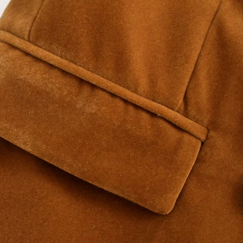 Women's Fashion Velvet Double-breasted Suit Autumn and Winter Office Slim Stitching Lapel Long-sleeved Work Clothes Jacket Coat