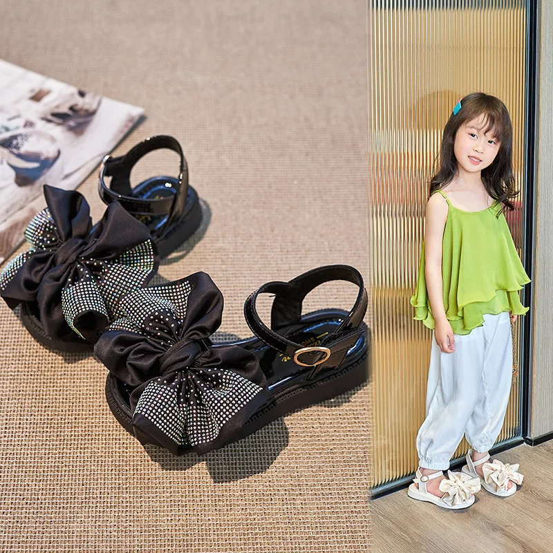

Girls Sandals 2022 Summer Fashion Kids Princess Rhinestone Bow Shoes Children Unique Children Open-toe Dress Shoes