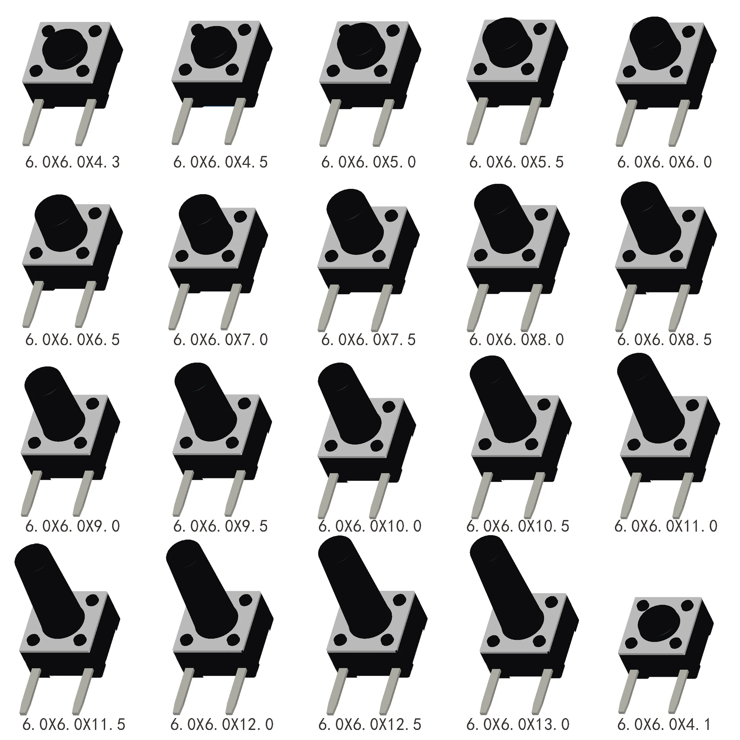 Тактильный кнопочный переключатель мини, черный, медный, 1000 штук, 4 типа, 6x6 мм H=4.1/4.3/4.5/5/6/7/8/9/10/11/12/13 мм