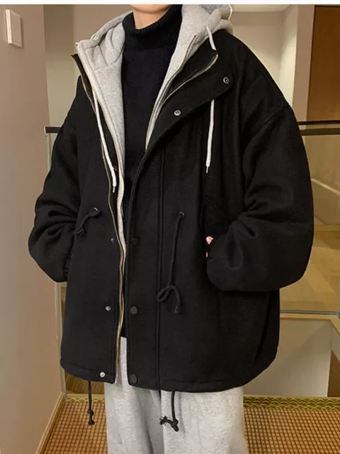 Hooded Coat Couple Mid-length Fake Two-piece Thickened Mens Winter Padded Men's Trendy Hong Kong Style
