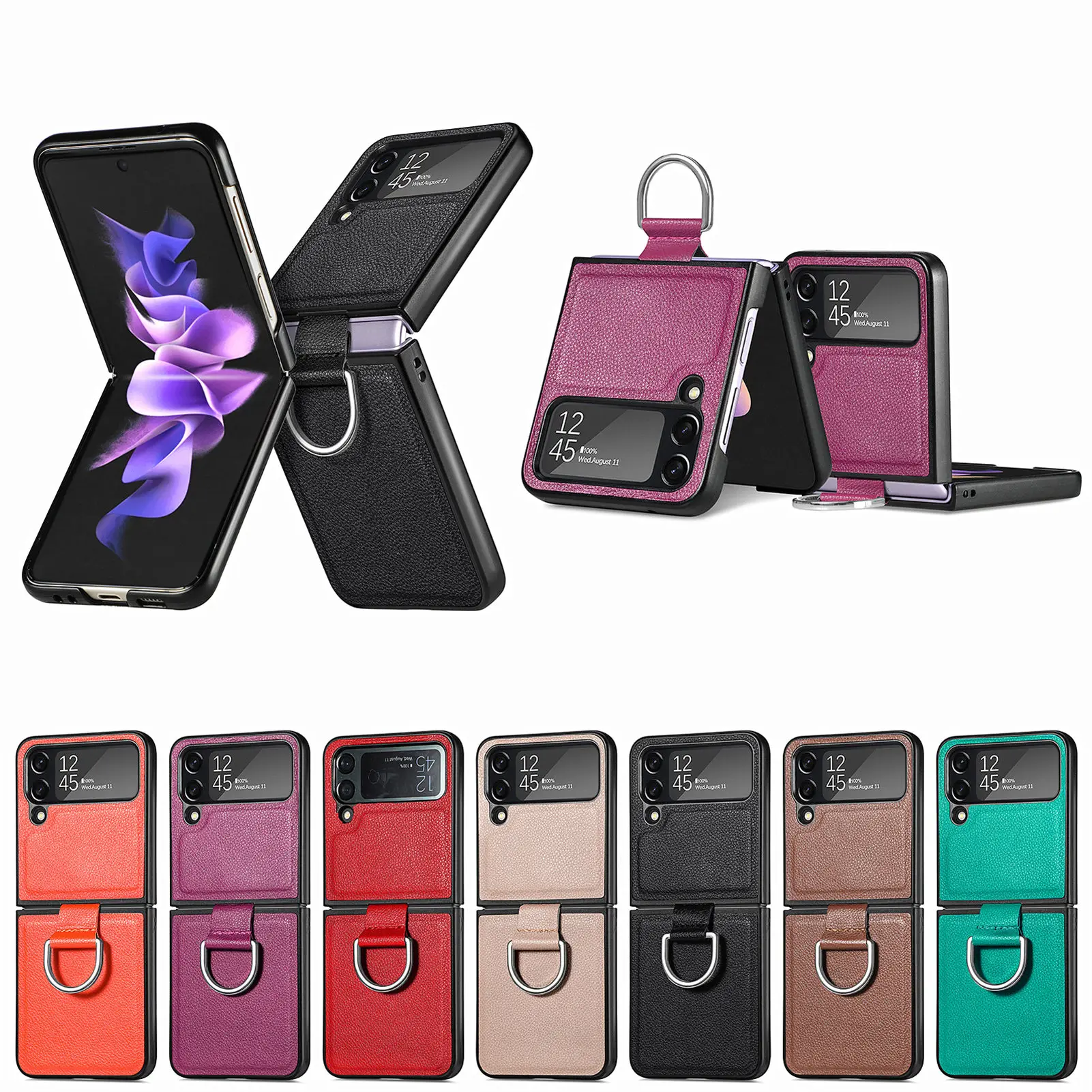 

Portable Ring Holder Leather Folding Case for Samsung Galaxy Z Flip4 Flip 4 5G Flip3 Flip 3 Zflip4 Anti-Drop Phone Cover