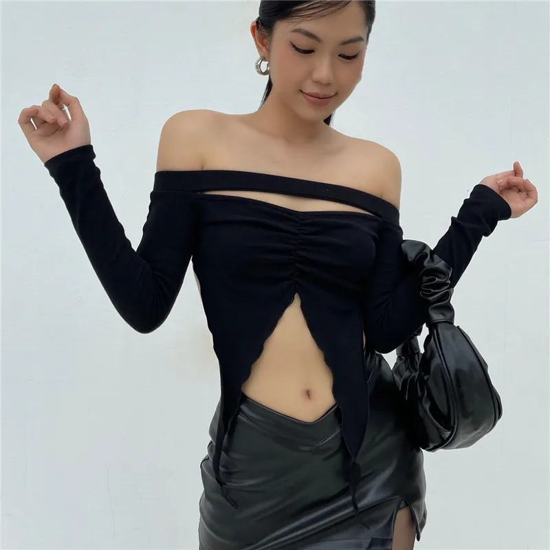 

Hsa vintage tee top Fashionable Cut Out Hole Skew Collar Crop Tshirt Women Asymmetrical Gothic Streetwear Sexy Skinny Club Cloth