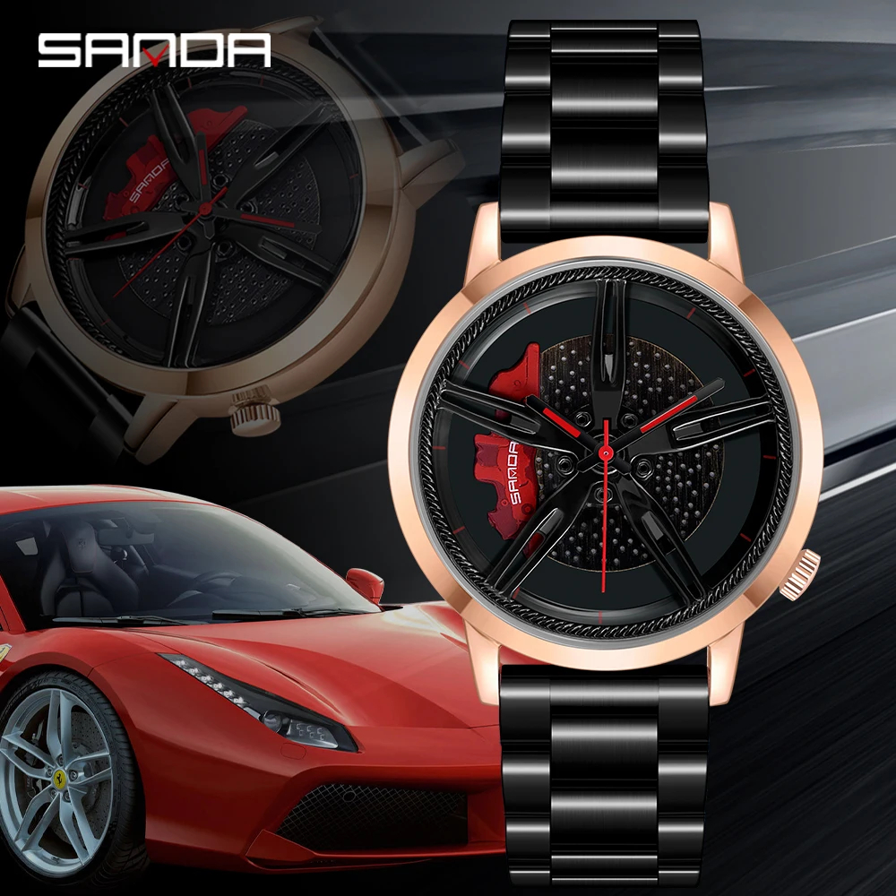 

SANDA Fashion Men Quartz WristWatch Car Racing Wheel Dial Wristwatches Waterproof Sport Stainless Steel Grid Band Rim Hub Watch