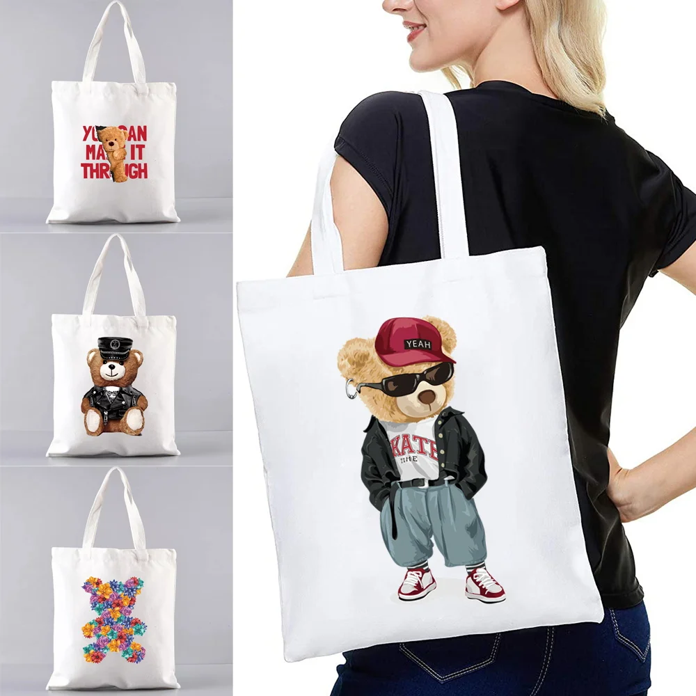 

Women Shopping Bag Bear Pattern Large Tote Reusable Polyester Grocery Tote Bags Portable Shoulder Shopper Bag