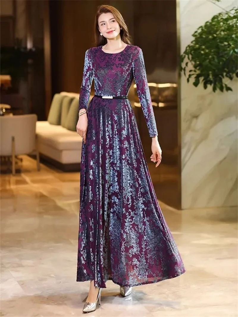 Осеннее новое женское золотистое бархатное платье с длинными рукавами модное