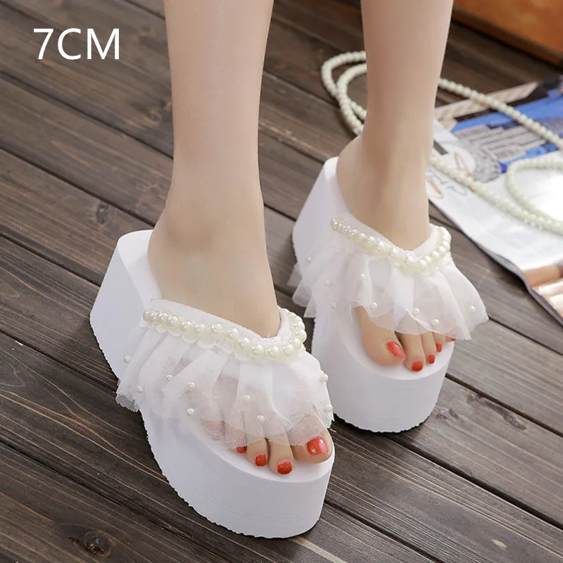

2022 summer elegant Zara women wear high-end pearl flip-flops thick-bottomed wedge-heeled sandals vacation beach home shoes