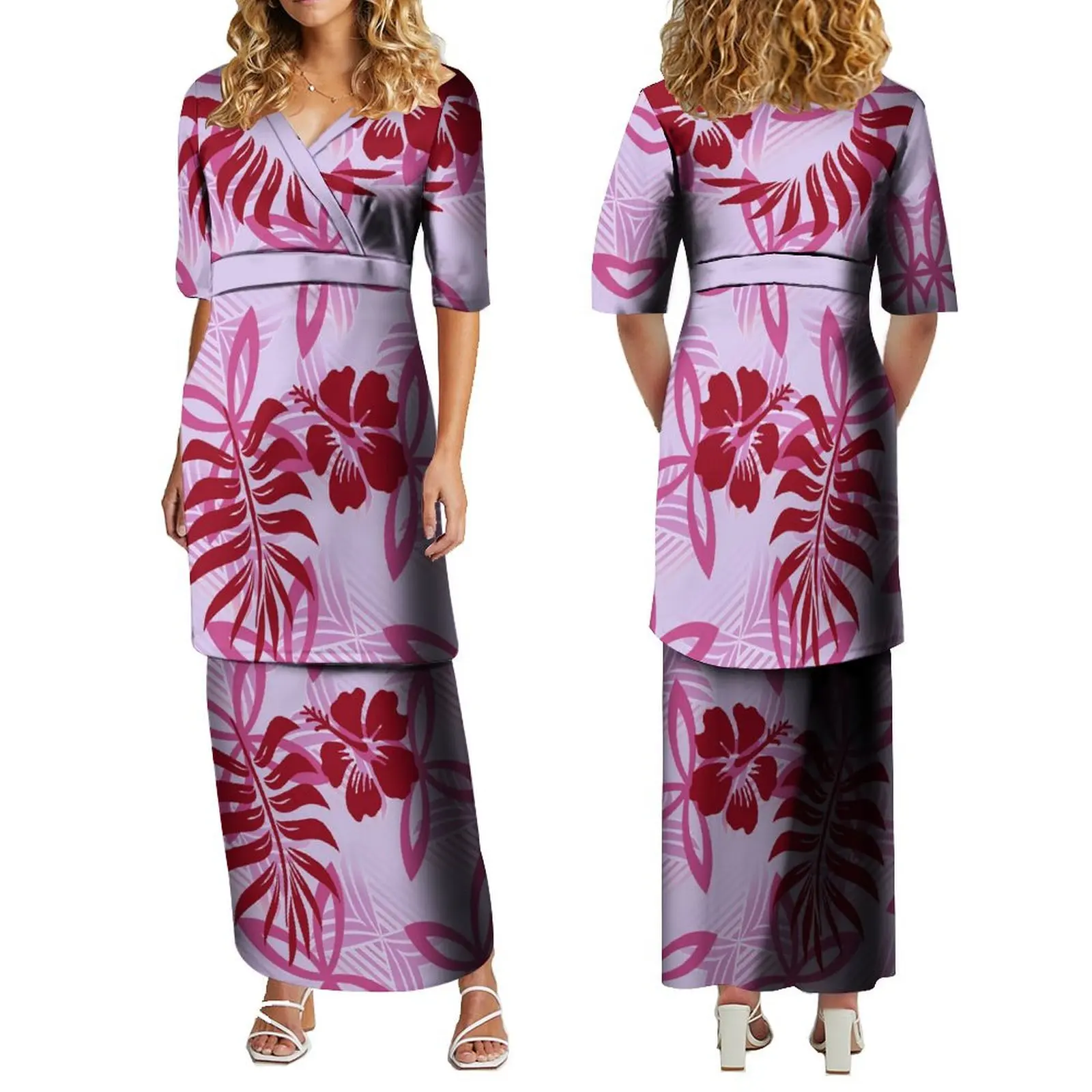 Женское длинное платье с V-образным вырезом в полинезийском стиле