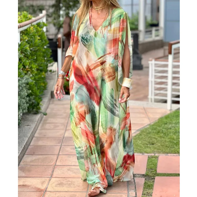 

2022 Boho Dress Long Dress Women Casual V-Neck Print Three Quarter Sleeve Loose Elegant Dress Robe Femme