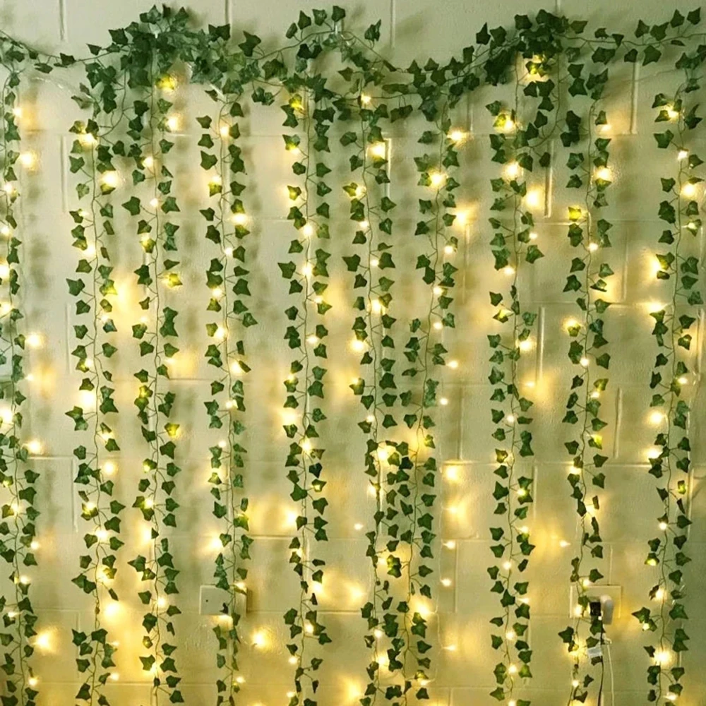 

Silk Leaves Fake Creeper Green Leaf Ivy Vine With 2m LED String Lights For Home Wedding Party Hanging Garland Artificial Flower