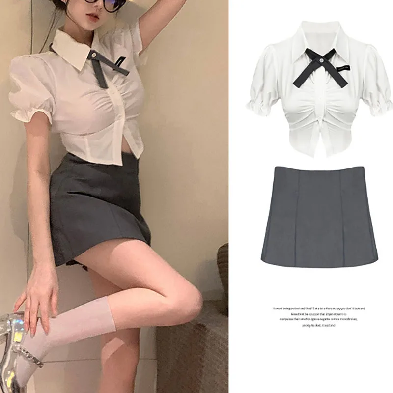 

Women Sweet Dress Sets Elegant Polo Neck White Shirt Set Women Spicy Girl Pleated Top & High Waisted Short Skirts Two Piece Set