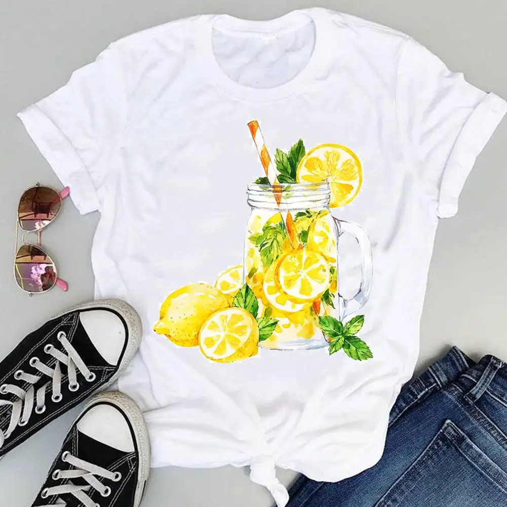 

Women T Shirt Cute Beach Drink Lemon Fruit Cartoon Printed Tops Tee Short Sleeve Graphic Summer Fashion Women's Clothing T-shirt