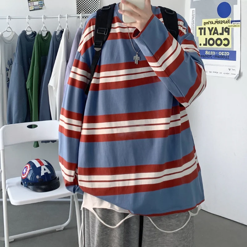 

New Mens T Shirt Stripe Round Neck Long Sleeve Fashion Tees Casual Korean Clothing Male Tshirt