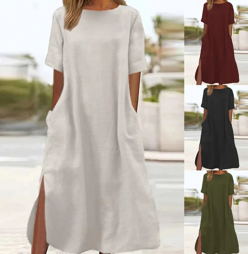 

2023 Women's Fashion Sexy New Large Elegant Round Neck Pocket Fashion Long Dress
