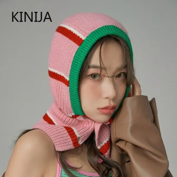 Winter Woman Hats Knitted Hooded Neck Collar Beanie Color Hats Keep Face Warmer Balaclava Korea Windproof Cap Buttons Bib Cap
