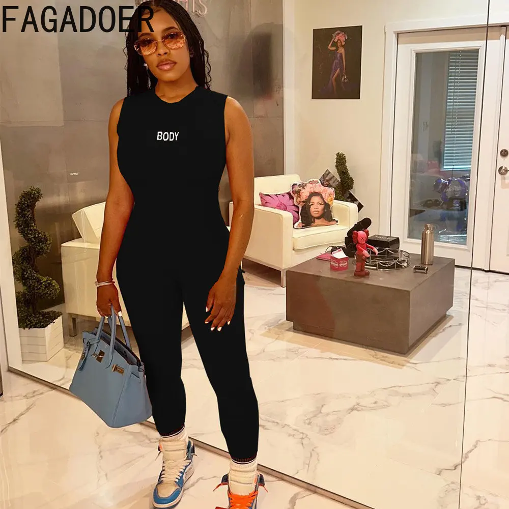 FAGADOER Casual Letter Printing Bodycon Jumpsuits Women Round Neck Sleeveless Sporty One Piece Playsuits Female Slim Overalls