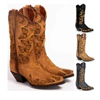 vintage women cowboy knight boots embroidered butterfly west motorcycle boots female pointed faux thick heel mid calf work shoe