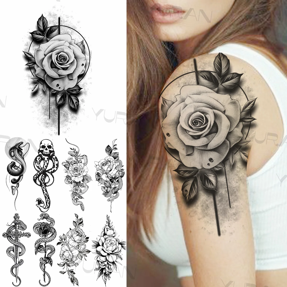

Large Rose Flower Temporary Tattoos For Women Girls Realistic Snake Skull Sword Flora Fake Tattoo Sticker Arm Body Tatoos 3D