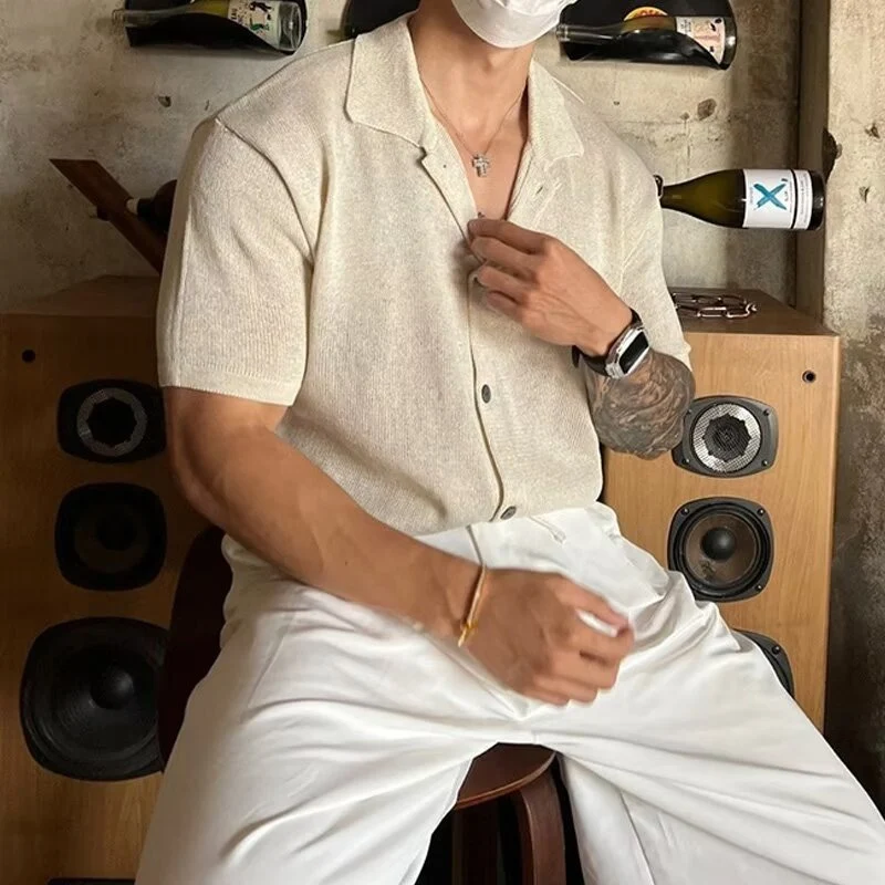 Рубашка мужская Трикотажная приталенная с воротником на пуговицах и ...