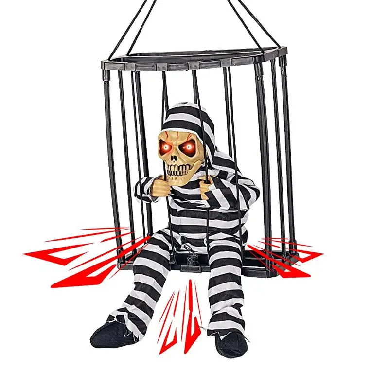 

2023 Halloween Scary Toys Halloween Decor Prop With Motion Sensor Hanging Skeleton Doll Light Up Eyes Prisoner Caged Jail