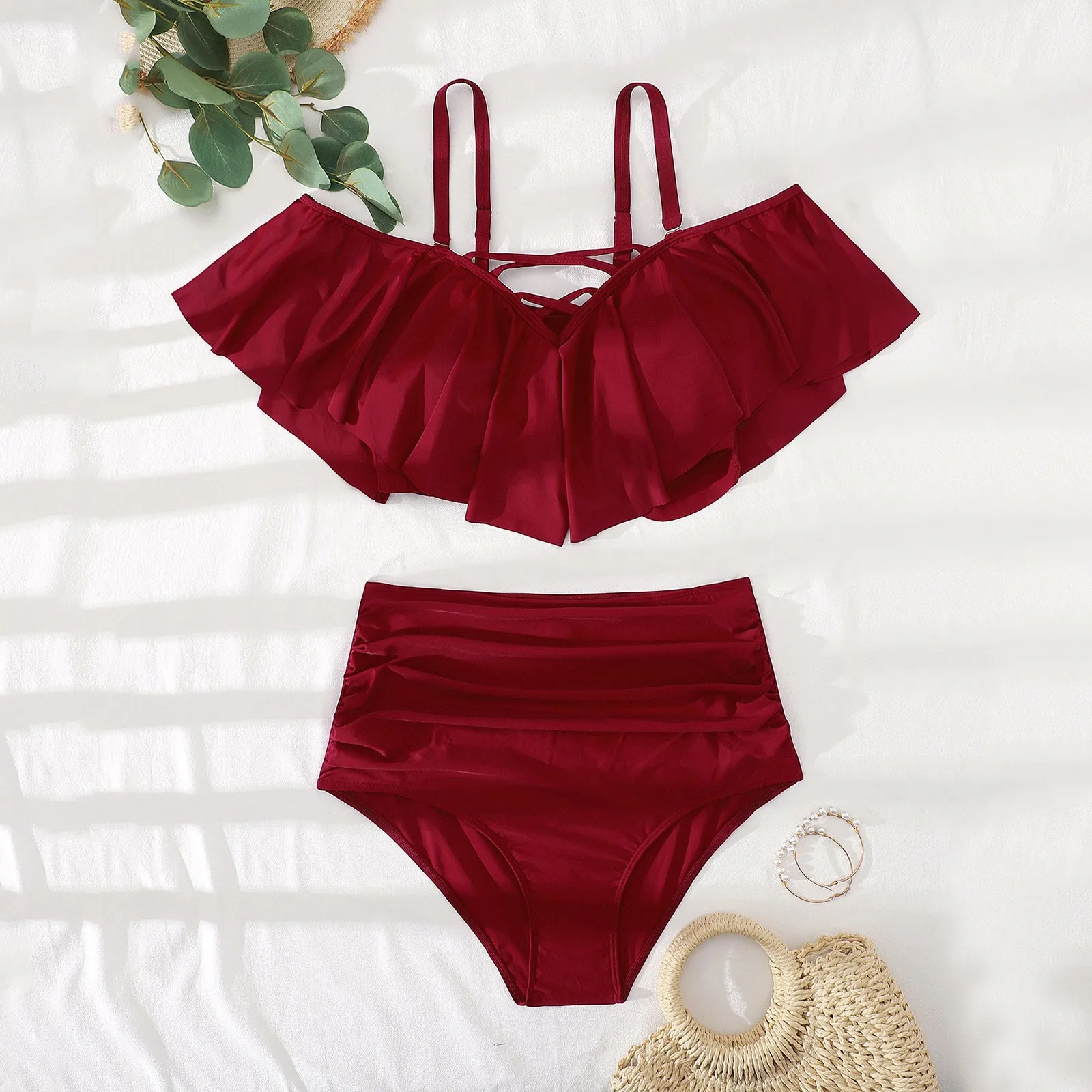 Женский раздельный купальник с оборками и высокой талией |