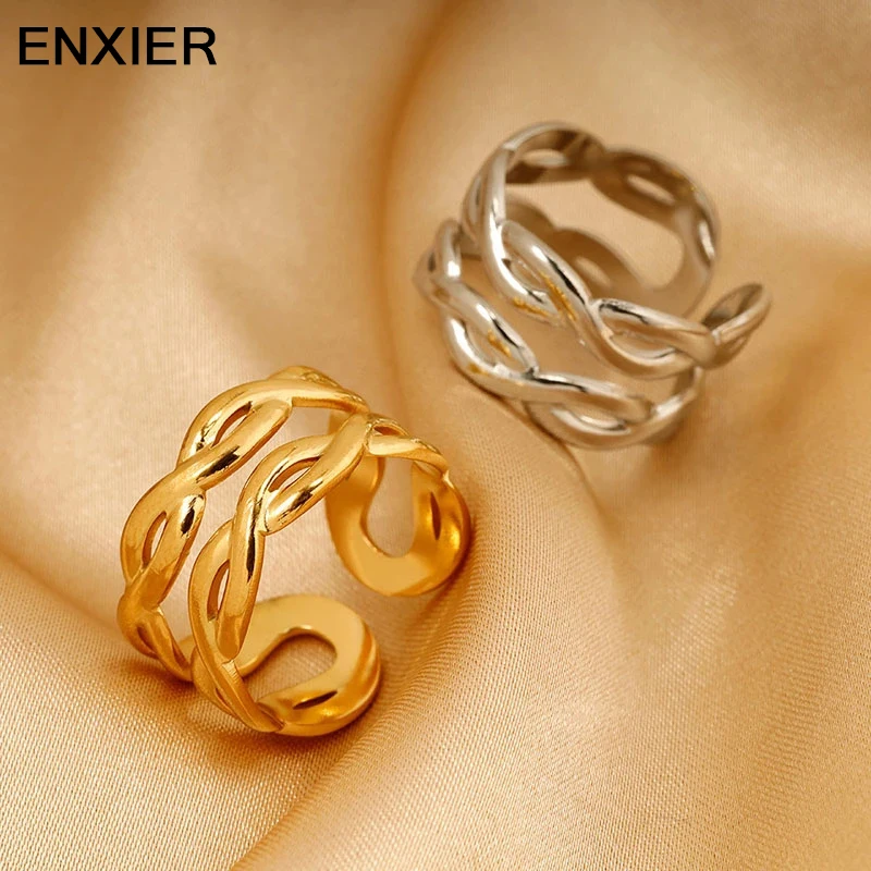 

ENXIER New Geometric Intersect Double Layer Rings For Women Men Creative Adjustable Open Ring 316L Stainless Steel Jewelry