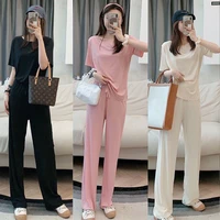 summer womens pajamas ice silk solid color round neck short sleeve trousers two piece simple skin friendly homewear