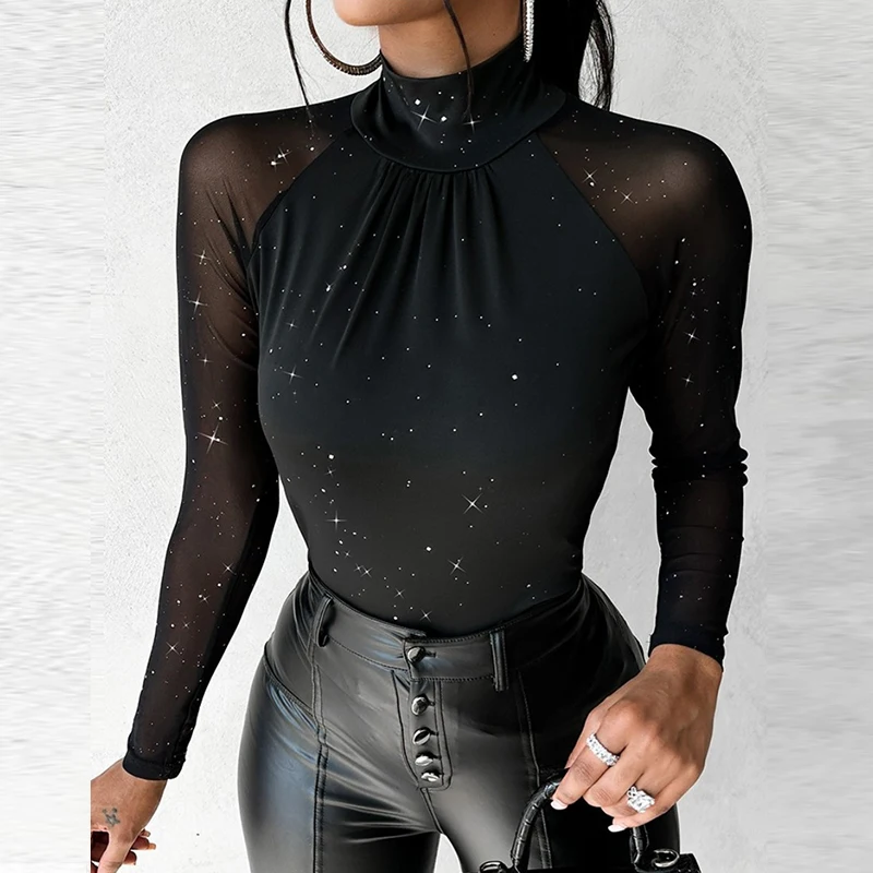 

Sexy Half Turtleneck Mesh Lace Splicing Slim Pullover Women Black Long Sleeve Tops Autumn Spring Commute Temperament Blouse Tops