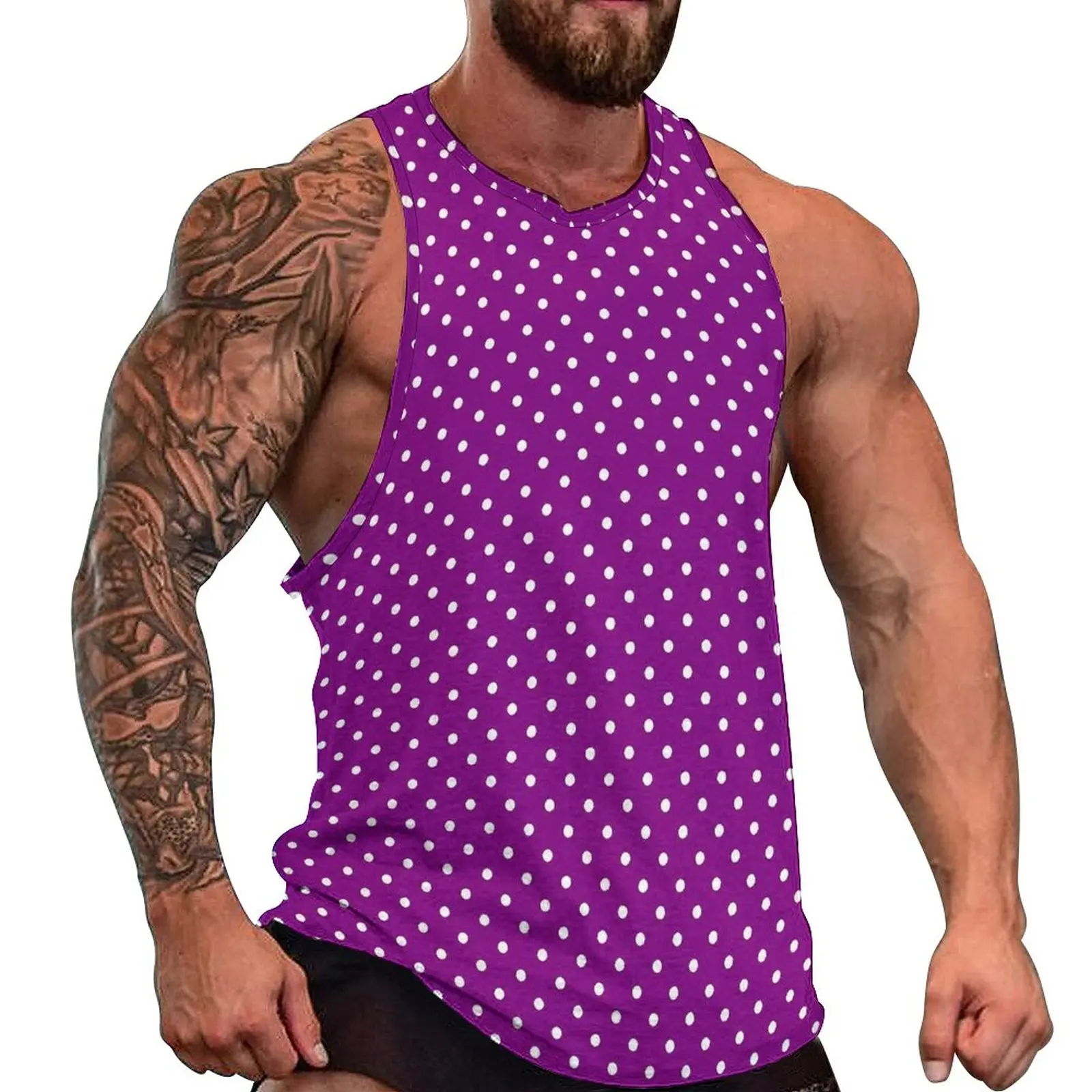 

Purple Polka Dots Tank Top Mens Vintage Print Bodybuilding Oversized Tops Daily Fashion Custom Sleeveless Vests