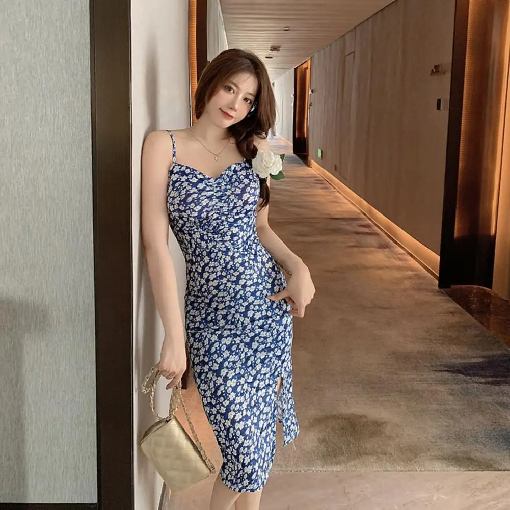 

Sexy Summer Midi Dress Flower Print Slim Fit Women Strappy Dress Sheath Lady Strappy Dress