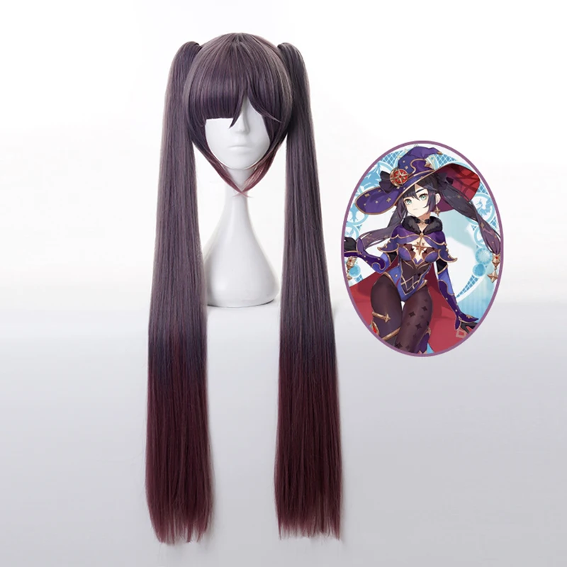 

Genshin Impact Mona Cosplay Wigs Dark Purple Pigtails Long Straight Heat Resistant Anime Role Play Synthetic Hair+Wig Cap